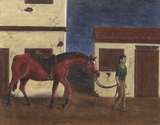 Man leading horse through town at night